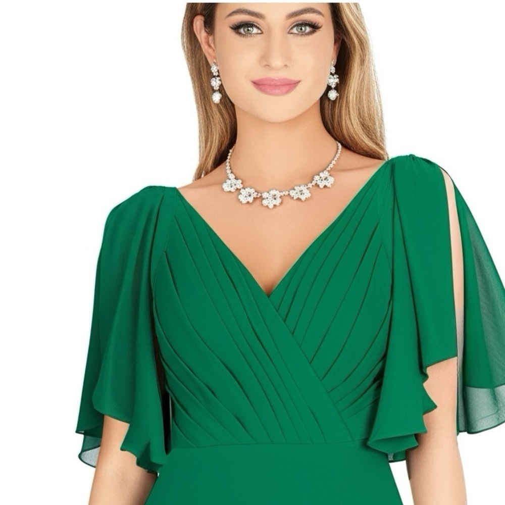 JJs HOUSE Green Goddess Chiffon Gown Split Ruffle Sleeve Dress V Neck Women Sz 6
